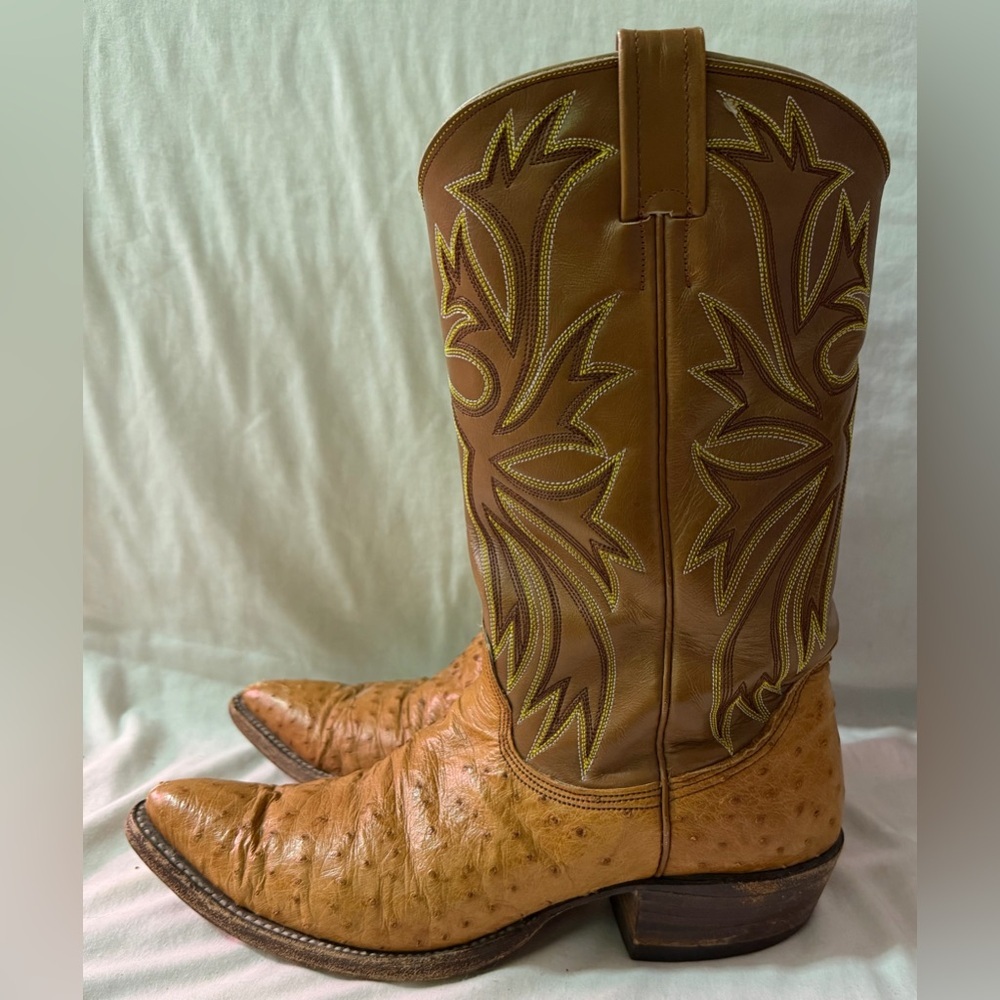 Men's USA Nocona Brown Smooth Quill Ostrich Almond Toe Western Boots Size 10.5 B